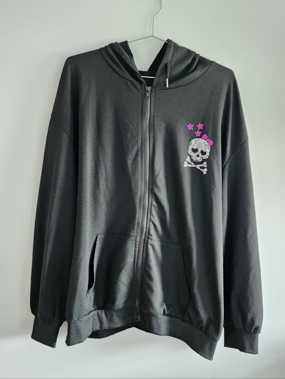 ROMWE Rhinestone Skull Crossbones Zip Up Hoodie Black Gothic Y2K McBling Emo XL